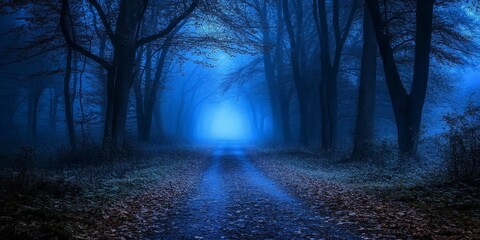 Obraz premium Mysterious Pathway Through a Forest at Night