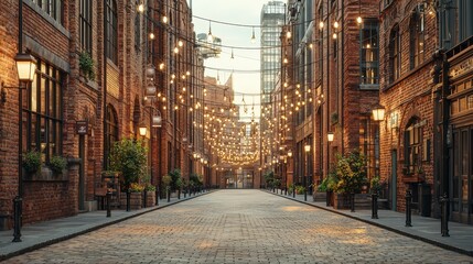A charming cobblestone street illuminated by glowing string lights, framed by historic brick buildings, creating a warm and inviting atmosphere.