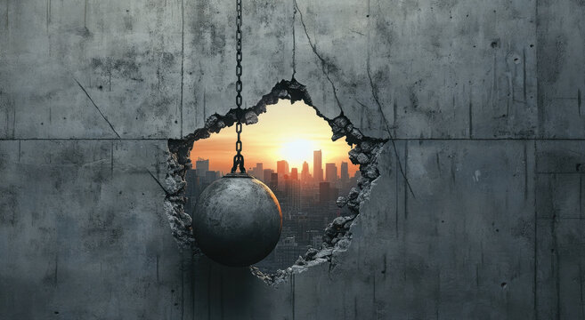 A broken wall exposes a breathtaking city skyline at sunset, highlighting the transition from industrial decay to vibrant urban life. A heavy wrecking ball hangs near the opening.