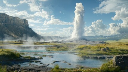 A geyser erupting in a scenic landscape, with hot spring pools nearby
