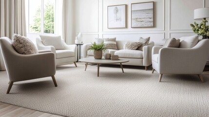 Fototapeta premium White living room interior with two armchairs and sofa, side view, carpet on hardwood floor. Relaxing corner with stylish furniture. Mockup empty white wall, 3D rendering