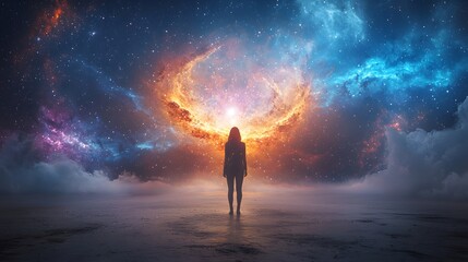 Fototapeta premium A lone traveler soaring through the at the radiant supernovae infinite star clusters and the breathtaking beauty of the deep space