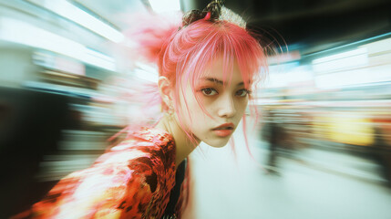 Stylish portrait of a young woman in Harajuku fashion style with vibrant neon lights and dynamic motion blur. Generated AI