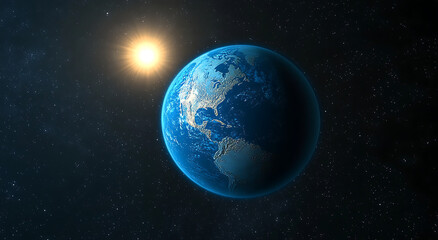 Obraz premium A blue, glowing Earth with the sun rising on it, set against a starry sky background.