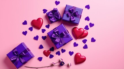 Fototapeta na wymiar A Valentine's Day flat lay, pastel pink background, gift boxes and hearts, blurred bokeh effect, sharp subject focus, soft background, romantic atmosphere