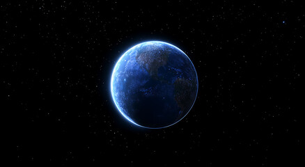 Fototapeta premium A blue planet with a starry sky and a sun in the background, set against the backdrop of space.