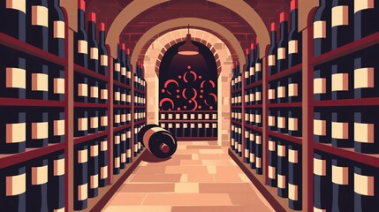 Fototapeta premium Wine Bottles Stacked in Cellar Winery Flat Vector Illustration