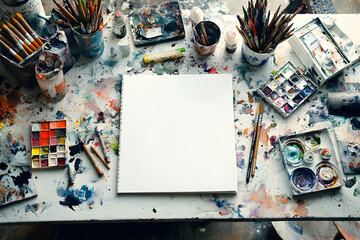 Artist's Messy Workspace: A Canvas of Creativity