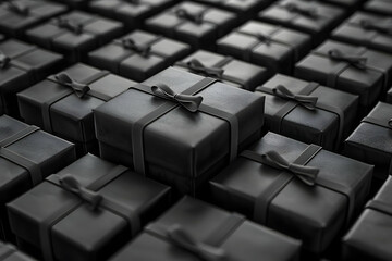 Obraz premium Black Gift Boxes with Ribbons Form a Grid, a 3D Render Illustration with a Monochromatic Theme