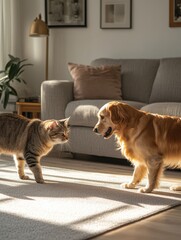 Fototapeta na wymiar Playful Interaction Between a Cat and a Dog in a Cozy Living Room Setting, Capturing the Bond and Dynamic of Two Beloved Pets in a Sunlit Environment