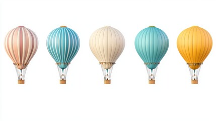 Naklejka premium A collection of five colorful hot air balloons, soaring high in the sky. Each balloon features unique pastel shades, creating a whimsical atmosphere.