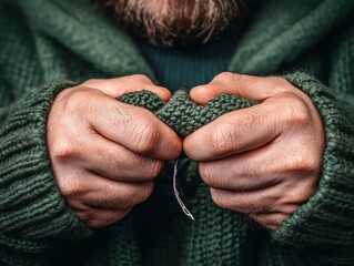 A person quietly mending a loved ones torn jacket, a gesture of care, love, and quiet attention to detail, showcasing the act of repair Detailed close up of hands working with green fabric to fix