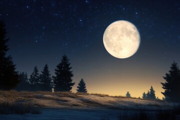 Full moon over snowy forest at night, starlit sky, winter wonderland scene