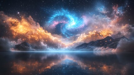 Obraz premium A mesmerizing cosmic dreamscape filled with spiraling galaxies glowing stardust and the quiet hum of the universe s infinite wonders all beautifully reflected in the serene waters below