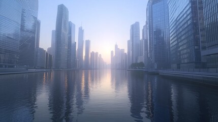 Serene River Journey: Boat Deck View of Reflective Skyscraper Brilliance - Ultra-Detailed Cinematic Image