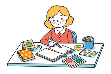 A woman making a scrapbook vector art illustration.eps