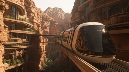 Naklejka premium Futuristic Monorail Gliding Through Urban Skyline with Illuminated High-Rise Buildings - Cinematic Ultra-Detailed View