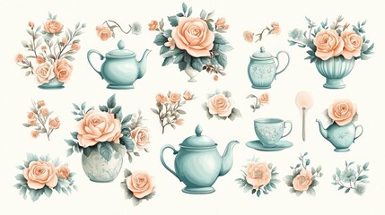 A collection of vintage floral illustrations featuring graceful roses and elegant teapots, perfect for home decor and design inspirations.