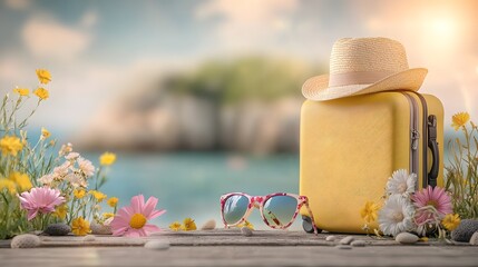 Vibrant yellow suitcase straw hat and sunglasses bathed in golden sunbeams on a tranquil beachside boardwalk capturing the joy and carefree spirit of travel and vacation