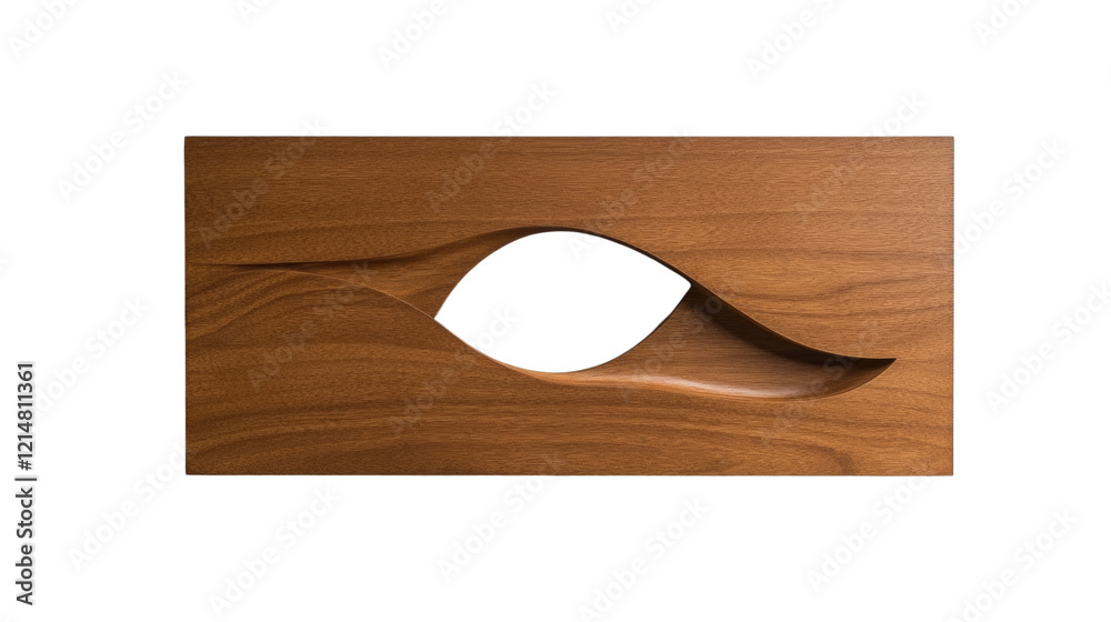 Aufkleber a rectangular brown wooden panel features a uniquely carved eye-shaped cutout creating an abstract a
