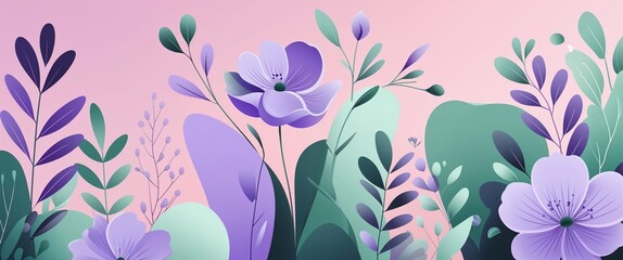 Abstract floral shapes in soft purple and green tones with pastel pink backdrop illustration background design