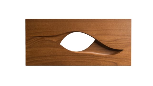 A rectangular brown wooden panel features a uniquely carved eye-shaped cutout creating an abstract and modern design.