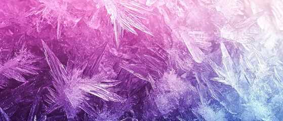 A close-up of abstract ice crystals with sharp, jagged formations, illuminated by soft pink and purple gradient lighting, creating a vibrant and dreamy winter texture.Generative ai