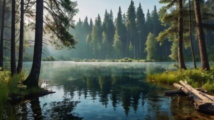 Obraz premium View of misty forest and natural lake from high perspective