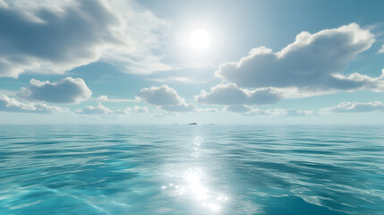 Expansive Ocean Horizon with Bright Sun, Clear Blue Waters, and Puffy Clouds in a Peaceful Scene