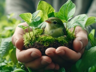 Capture the Essence of a Moment of compassion and gentleness, a small bird being tended to by kind hands, surrounded by lush greenery, showcasing nature's delicate balance and human care This image