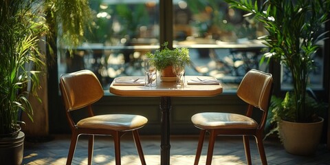 Cozy Cafe Interior with Sunlight Streaming Through
