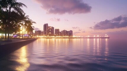 Fototapeta premium Serene Seafront Cityscape with Illuminated Hotels and Palm Tree Silhouettes Reflecting in Gentle Waves - Cinematic View of Coastal Beauty at Night