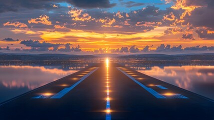 Obraz premium Breathtaking sunset view of an airport runway glowing under warm vibrant hues with a peaceful sky blending soft blues and golden yellows that are beautifully reflected in the smooth