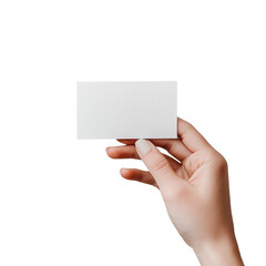 Obraz premium A female hand gently holds a blank white business card against a black background, ideal for mockups.