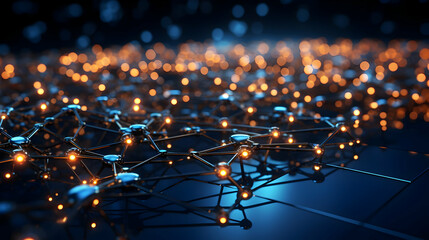 Fototapeta premium Abstract 3D Network Structure with Glowing Nodes and Connections on Dark Background