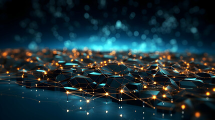 Fototapeta premium Abstract 3D landscape forms a network of glowing dots beautifully, creating a digital art.