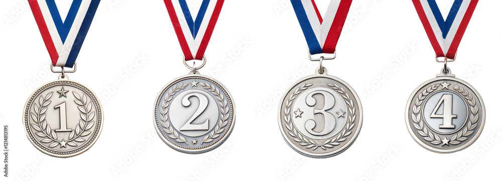 Poster set of four medals for first four winners .1st , 2nd, 3rd and 4th. isolated on transparent backgroun