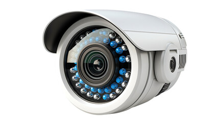A surveillance camera with a silver body and a blue and white stripe pattern on the lens.