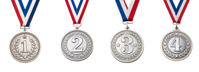 Set of four medals for first four winners .1st , 2nd, 3rd and 4th. isolated on transparent background with a clipping path, cut-out.