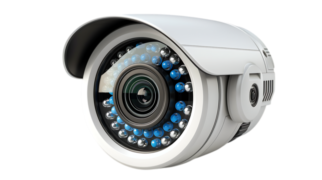 A surveillance camera with a silver body and a blue and white stripe pattern on the lens.