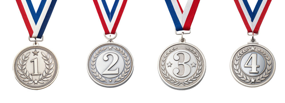 Set of four medals for first four winners .1st , 2nd, 3rd and 4th. isolated on transparent background with a clipping path, cut-out.