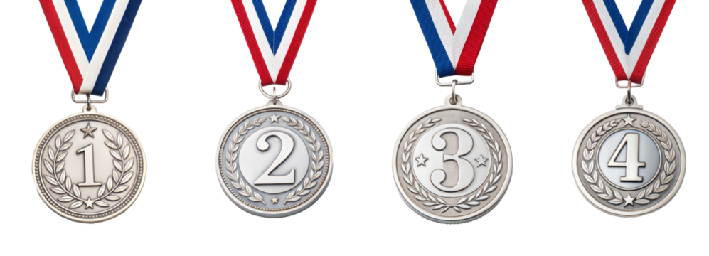 Set of four medals for first four winners .1st , 2nd, 3rd and 4th. isolated on transparent background with a clipping path, cut-out.