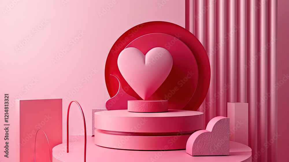 Aufkleber minimal valentine's day 3d design with a pink heart on a red podium. generated ai