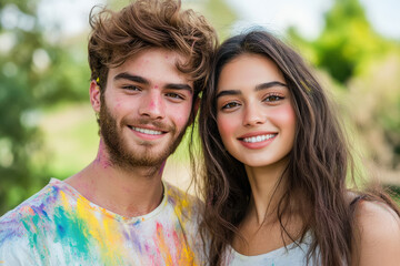Naklejka premium young indian couple playing holi together