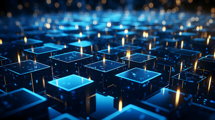 Glowing 3D Cubes Form Futuristic Technological Grid with Blue Lights and Reflections