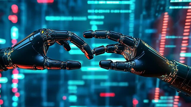 Robotic hands touch digital environment,simulating human interaction.Cybernetic fingers meet vibrant data streams.glimpse advanced communication technology.Robots emulate connection virtual