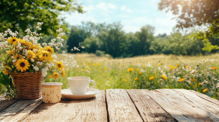 Bed and breakfast, A serene outdoor scene featuring a wooden table with a cup and flowers, set against a vibrant, sunlit field.