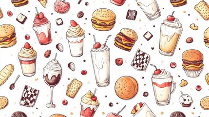 A delightful illustration featuring an assortment of desserts, drinks, and snacks, showcasing burgers, milkshakes, and sweet treats in vibrant colors.