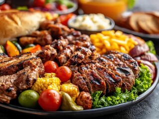 Capture the joy of a shared meal with Friends enjoying a potluck dinner, their understanding and sharing enriching the meal with love and laughter, featuring delicious grilled meats, vibrant