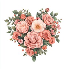 A heart-shaped arrangement of beautiful roses in soft pink hues, surrounded by delicate leaves and blossoms, perfect for romantic occasions.
